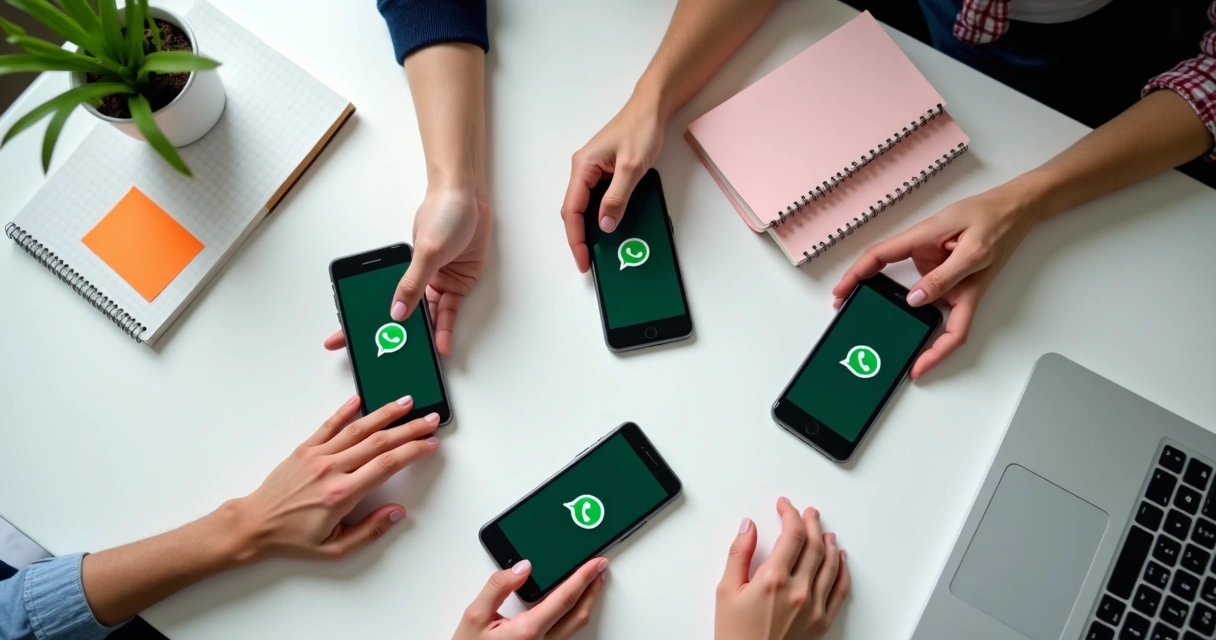 Celulares alinhados mostrando tela do WhatsApp conectado em modo equipe 
