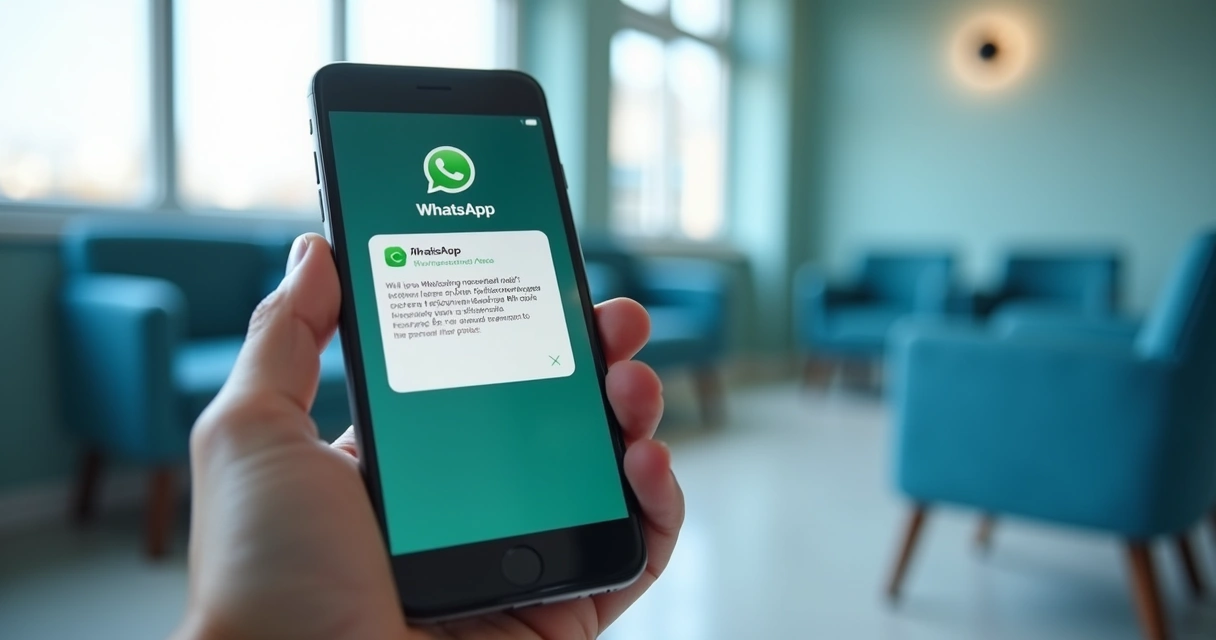 Celular mostra lembrete de consulta via WhatsApp para paciente antes do atendimento. 