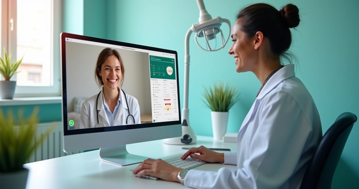 Dentista prestando teleatendimento ao paciente usando computador e WhatsApp 
