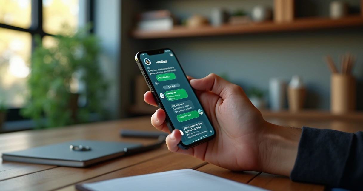 Tela de celular com interface de chatbot de vendas automatizadas no WhatsApp em ambiente de escritório moderno 