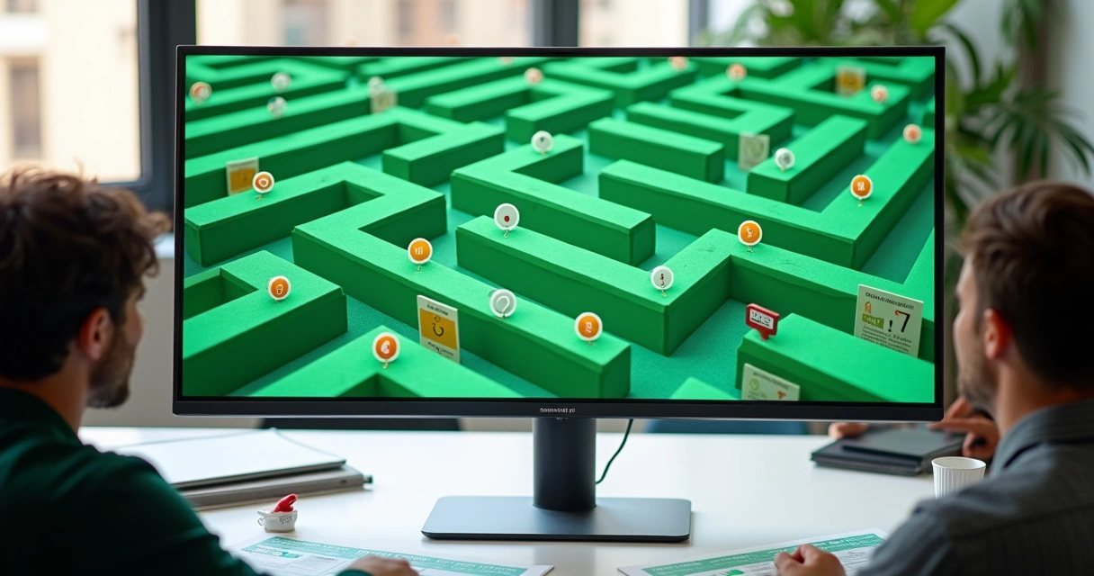 Funil de onboarding em forma de labirinto visto de cima em tela de computador 