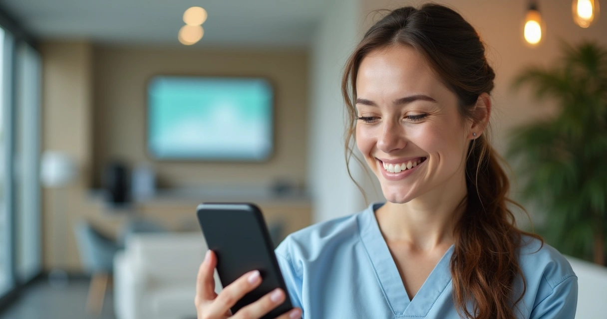 Paciente sorrindo após receber confirmação de consulta no celular 