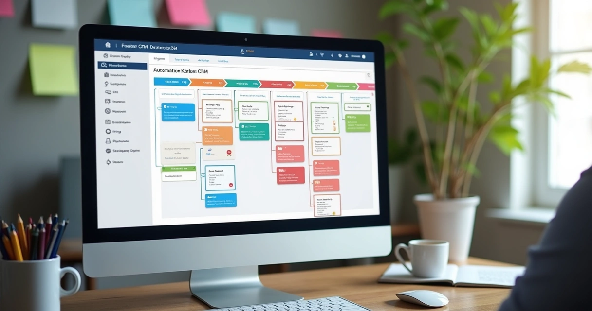 Tela de CRM Kanban com cards coloridos de clientes no processo de vendas. 