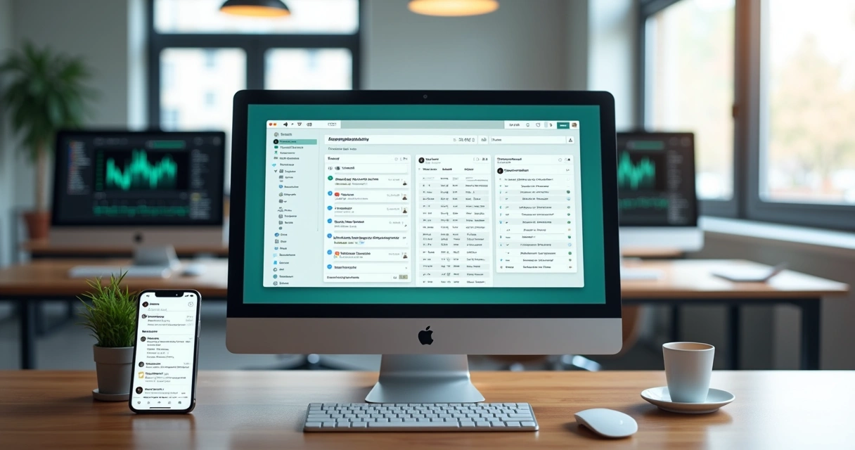 Tela de computador mostrando painel de CRM com integração via WhatsApp e chatbot automático atendendo clientes 