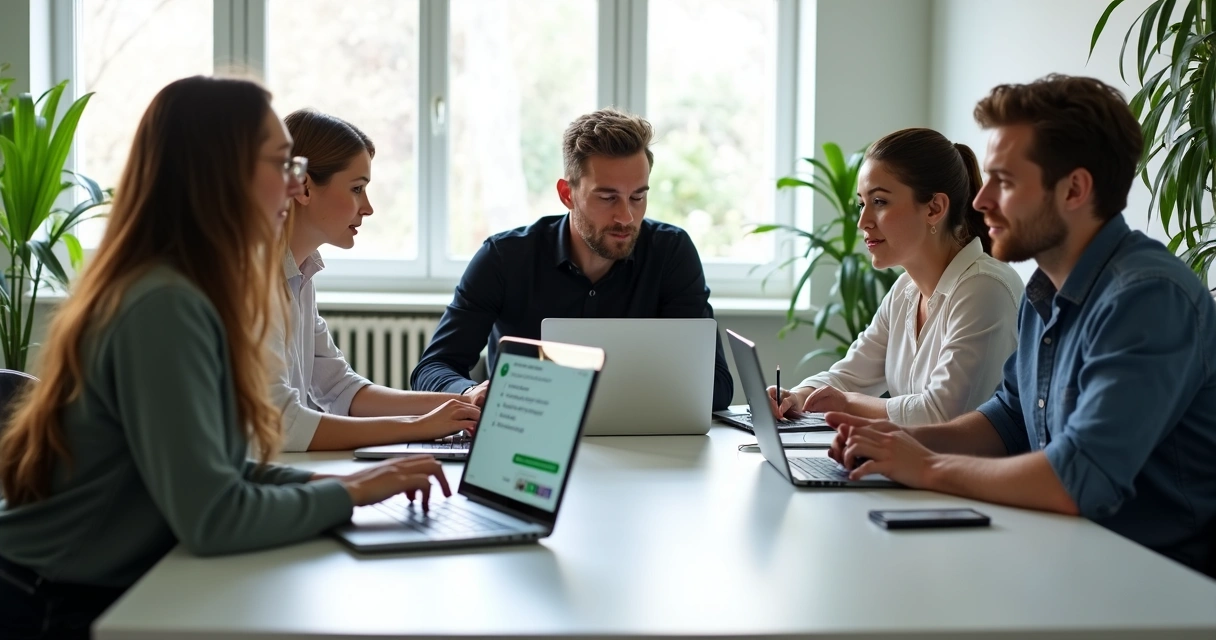 Equipe de atendimento organizada, cada membro com notebook, atendendo clientes via WhatsApp 