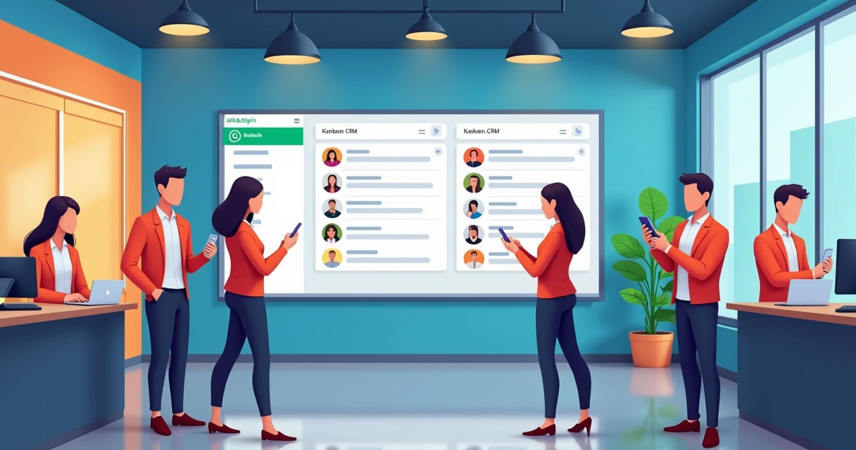 Franqueados em várias unidades, cada um atendendo clientes no WhatsApp com uma tela de CRM ao fundo 