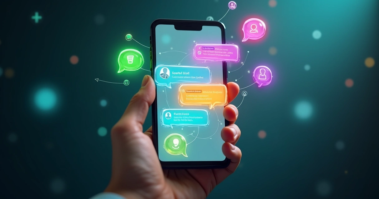 Mão segurando celular com contatos do WhatsApp organizados em grupos coloridos 