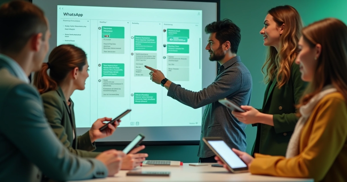 Equipe multidisciplinar analisando quadro Kanban digital de atendimento no WhatsApp 