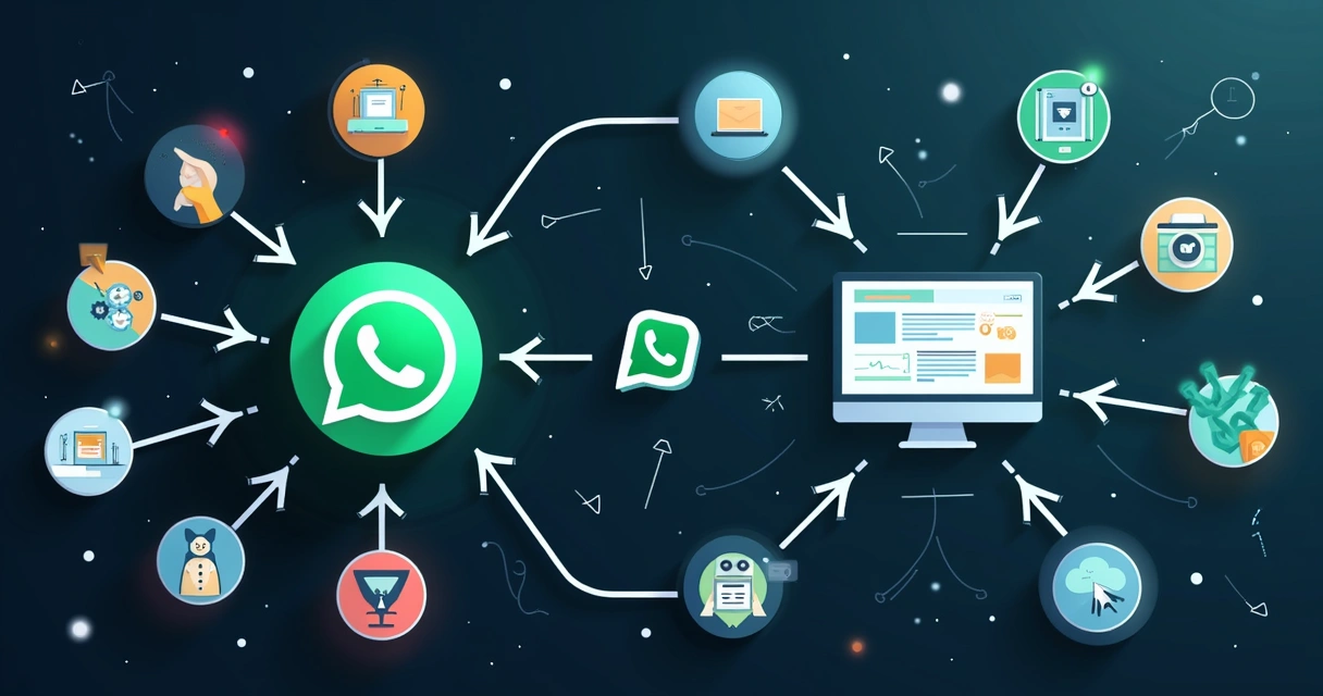 Diagrama ilustrado de integrações via API e webhooks entre WhatsApp e dashboard 