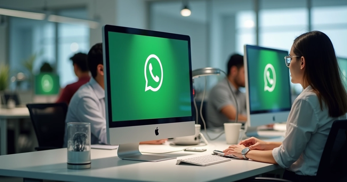 Equipe de atendentes gerenciando múltiplos WhatsApps em monitores
