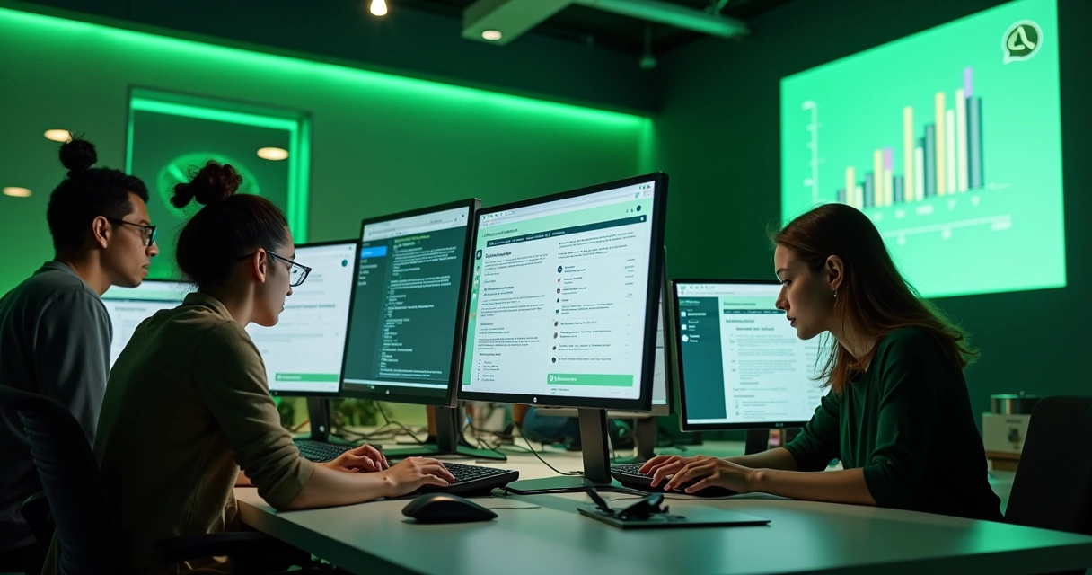 Equipe de atendimento no WhatsApp colaborando 
