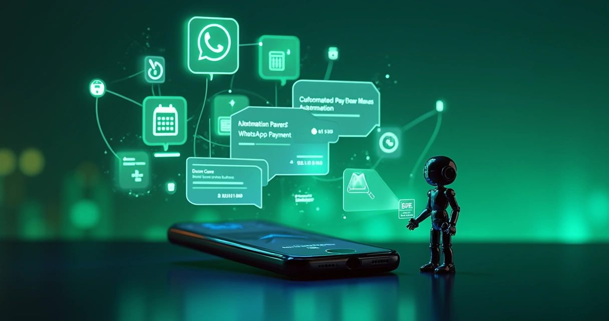 Tela de celular exibindo pagamento por WhatsApp com robô e fluxo de cobrança digital 