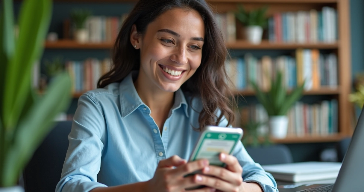 Cliente satisfeito olhando o celular após atendimento no WhatsApp 