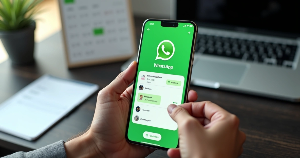 Tela de smartphone mostrando agendamento de mensagens no WhatsApp com interface de bot e calendário ao fundo 