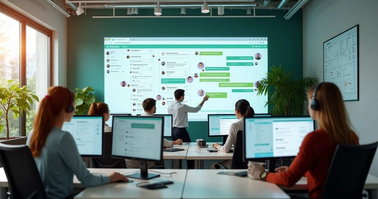 Equipe usando CRM para gerenciar muitos atendimentos simultâneos no WhatsApp 