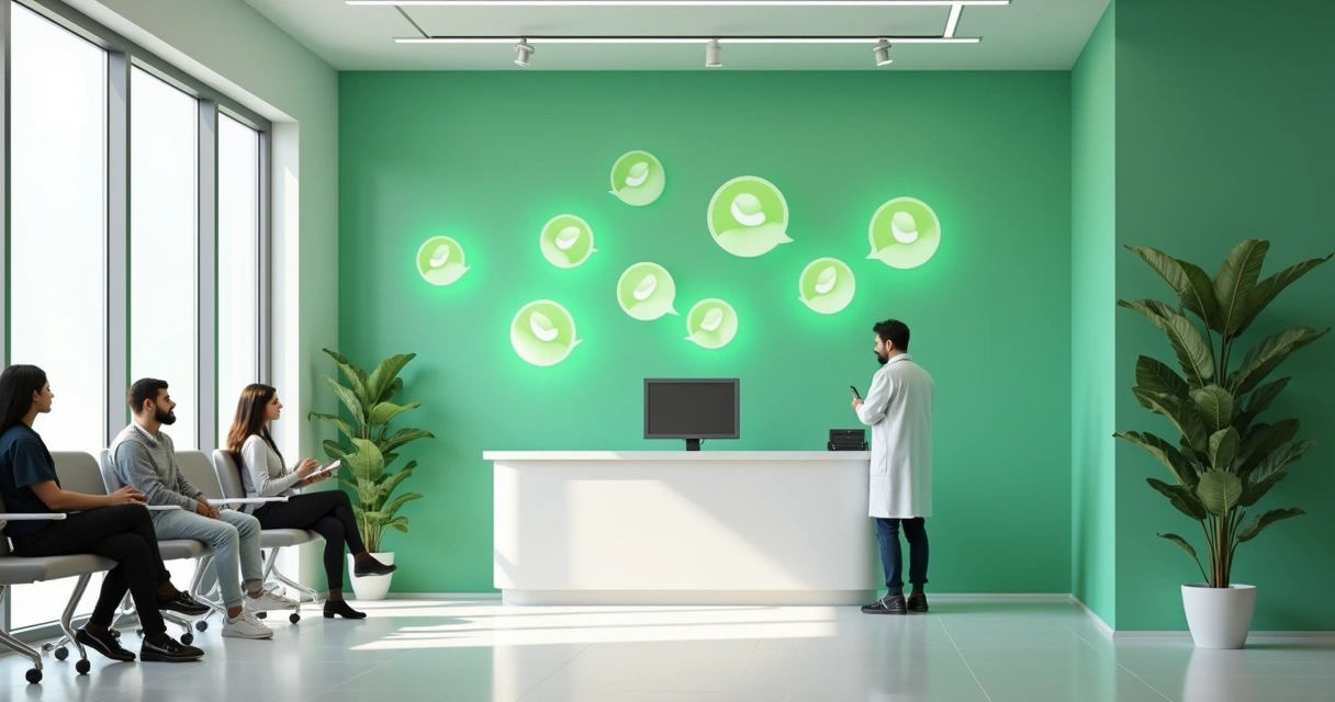 Recepcionista em clínica digitando no computador enquanto chega mensagem no WhatsApp 