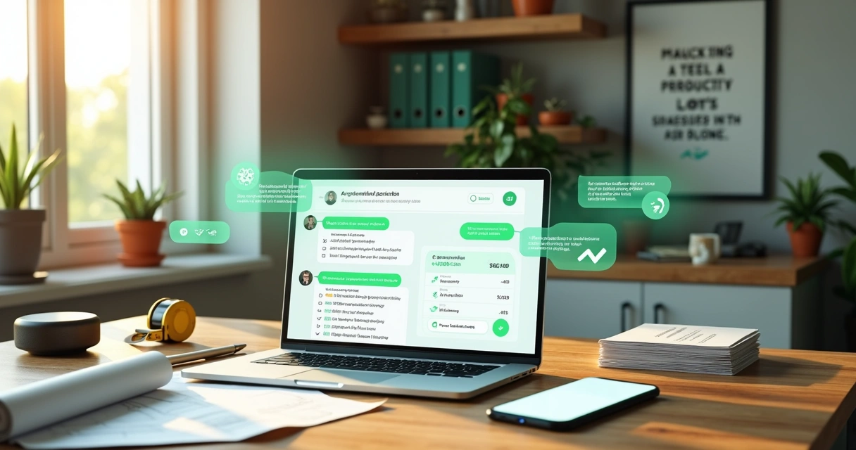 Prestador de serviço criando orçamento automatizado no WhatsApp em mesa de trabalho moderna 