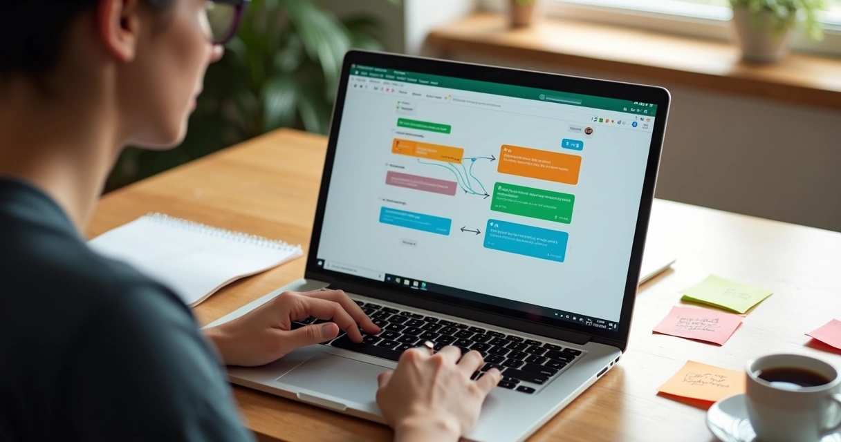 Tela de fluxo de mensagens sendo revisada em notebook 