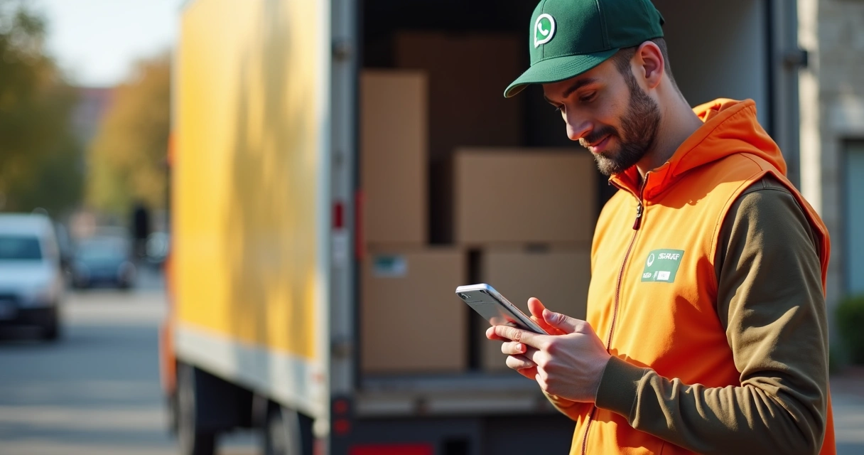 Confirmação automatizada de entrega via WhatsApp com caminhão e caixa 