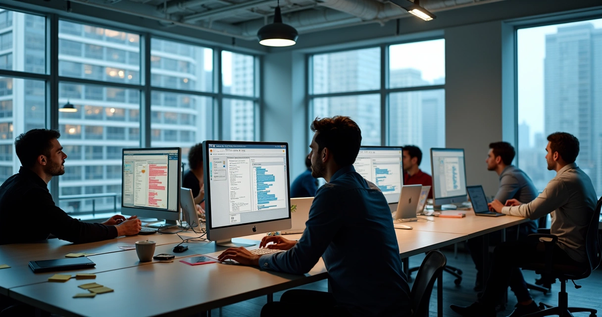 Equipe usando quadro Kanban em computadores mostrando conversas no WhatsApp 
